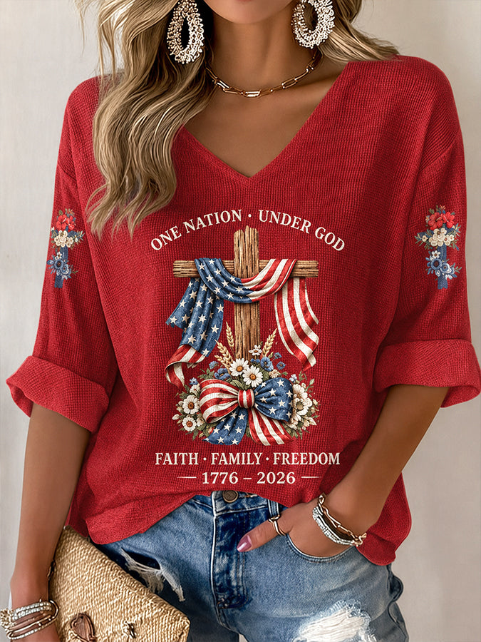 Women'S America Flag Printed Waffle T-Shirt