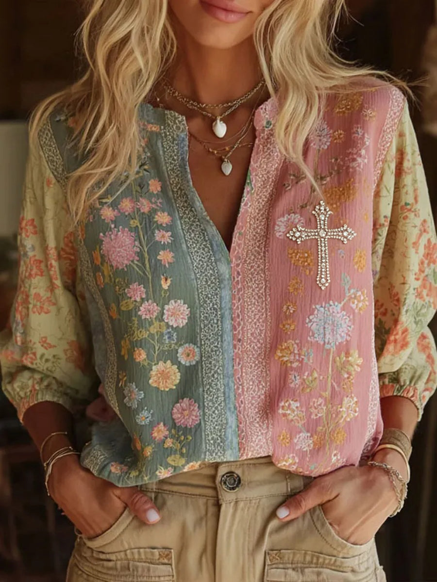 Elegant Floral & Faith Art Women's Linen Long-Sleeve Shirt