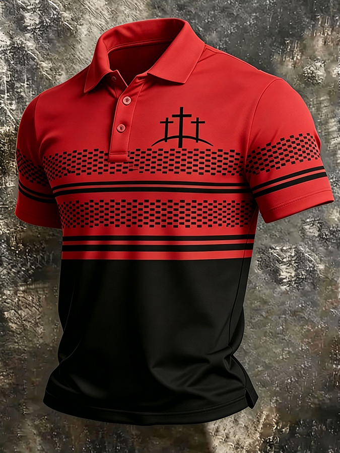 Men's Three Crosses Christian Print Polo Shirt