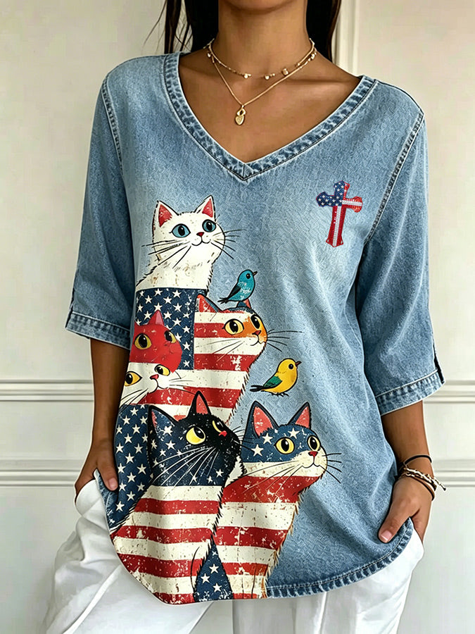Women'S Patriotic Cute Cat 3/4 Sleeve Casual T-Shirt