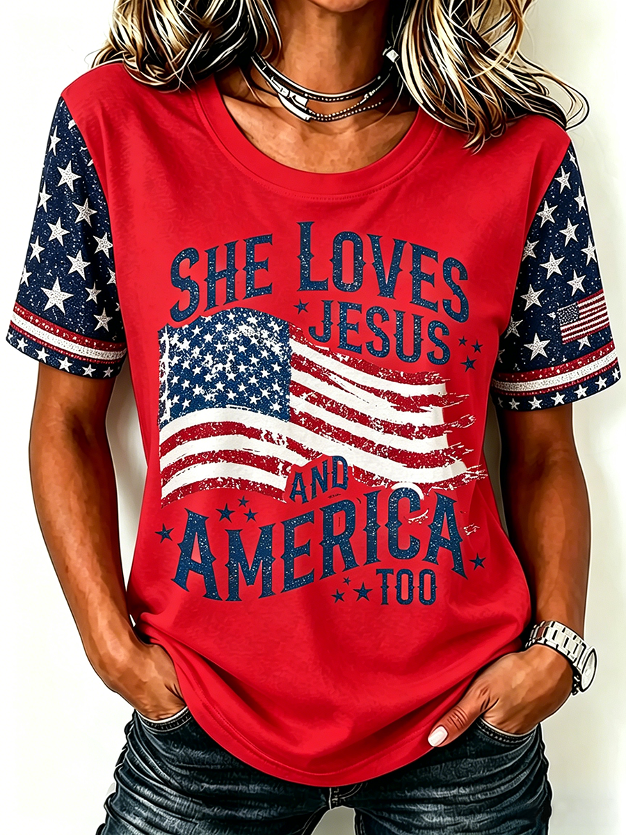 American Flag Jesus Faith Glitter Commemorative Print Round Neck T-Shirt