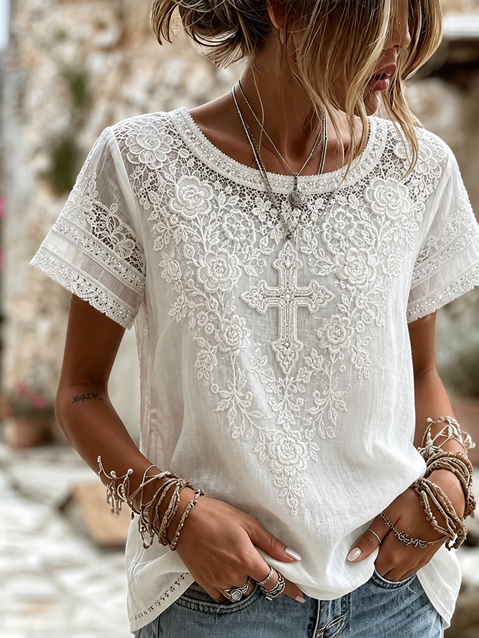 Women's Floral cross print cotton and linen round neck top