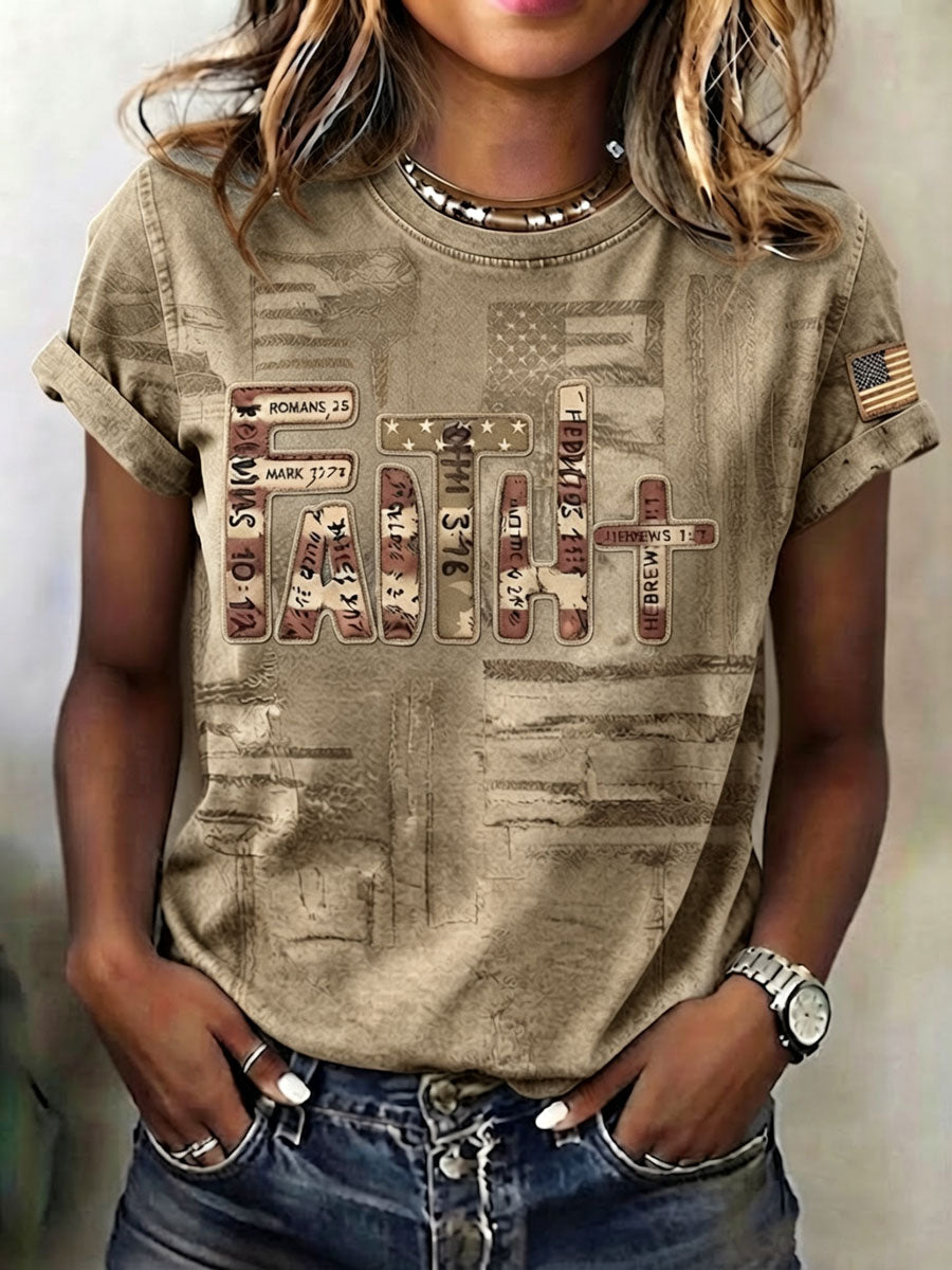 Ladies' Casual Round Neck American 250Th Anniversary Cross Print T-Shirt