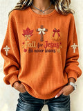 Women'S Waffle Orange Art Round Neck Checkered Sweatshirt