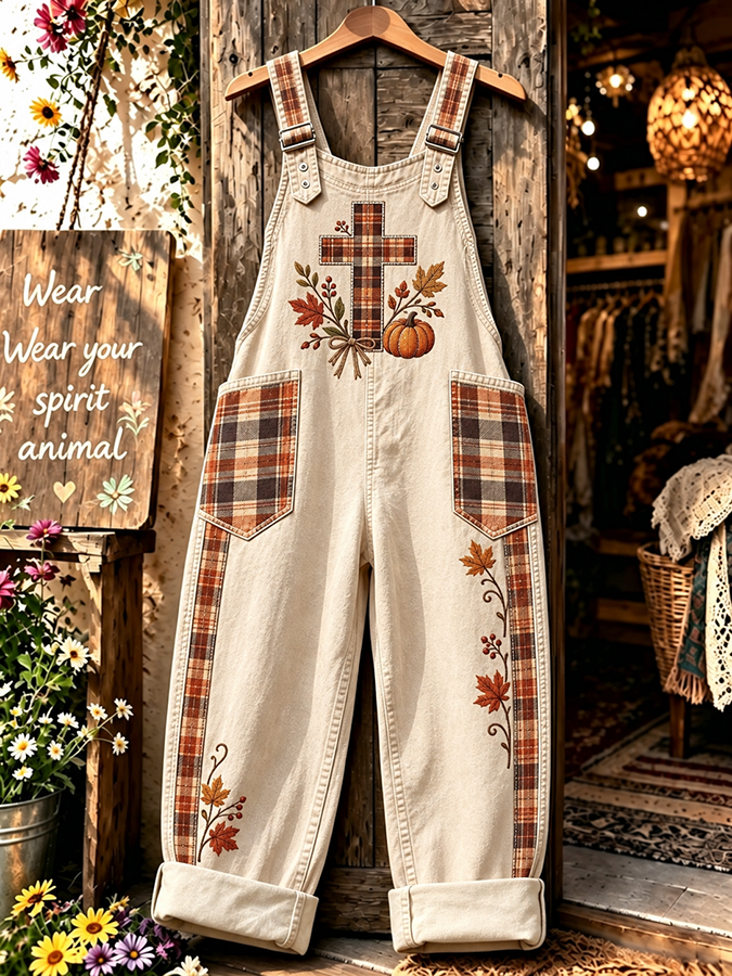 Women's Retro Autumn Plaid Cross Print Overalls