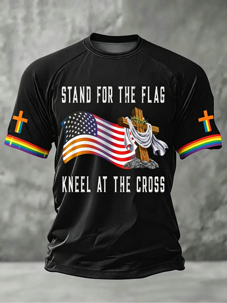 Men's America's 250th Anniversary Stand For The Flag Kneel For The Cross Faith Christian Cross Print T-Shirt