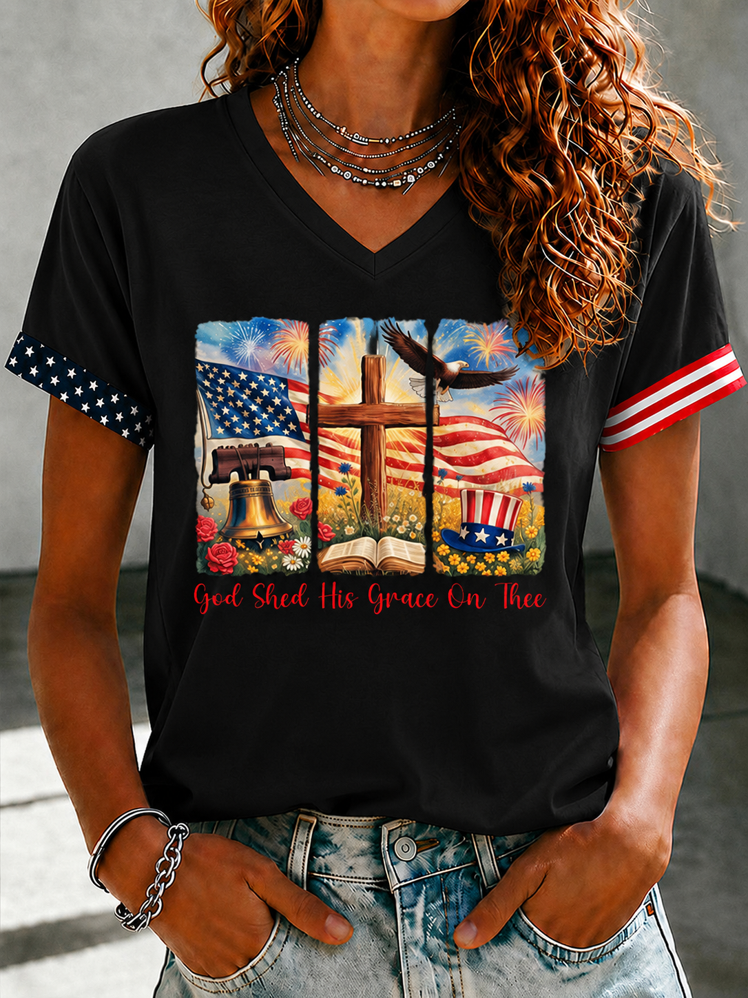 Women'S Faith And Flag Flower Printed Casual T-Shirt