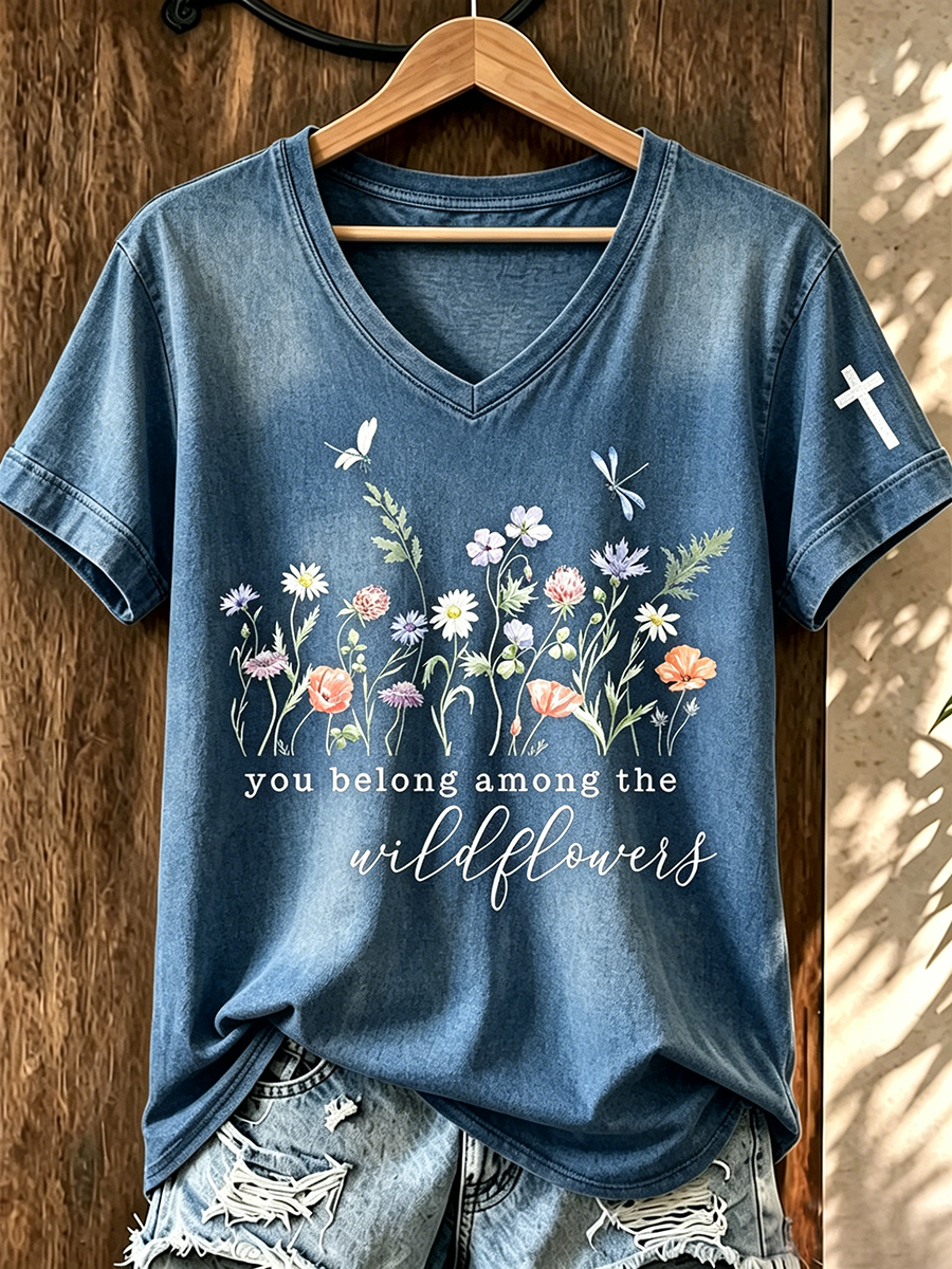 Faith In Jesus Slogan Commemorative Print V-Neck T-Shirt