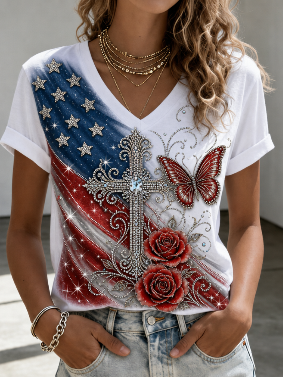 Women's America Flag Faith Print Printed T-Shirt