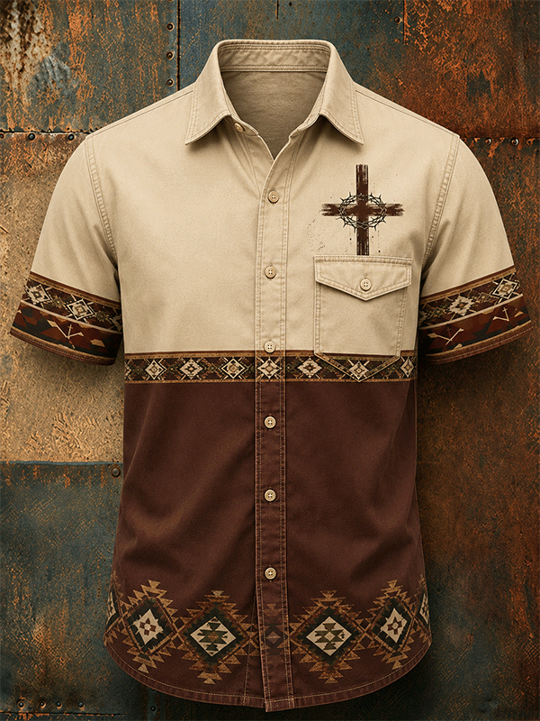 Men's Thorns Cross Aztec Geometric Color Block Western Linen Shirt