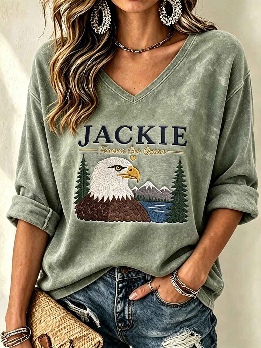 Women's V-Neck Jackie Forever Our Queen Printed T-Shirt