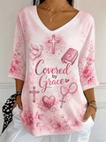 Women'S Covered By Grace Pink Floral Dove Bible Cross Print Blouse