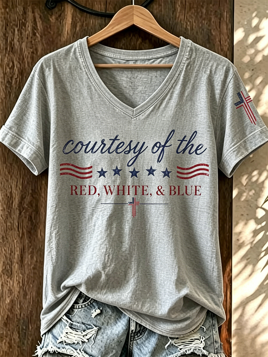 American Faith Cross Flag Commemorative Print V-Neck T-Shirt