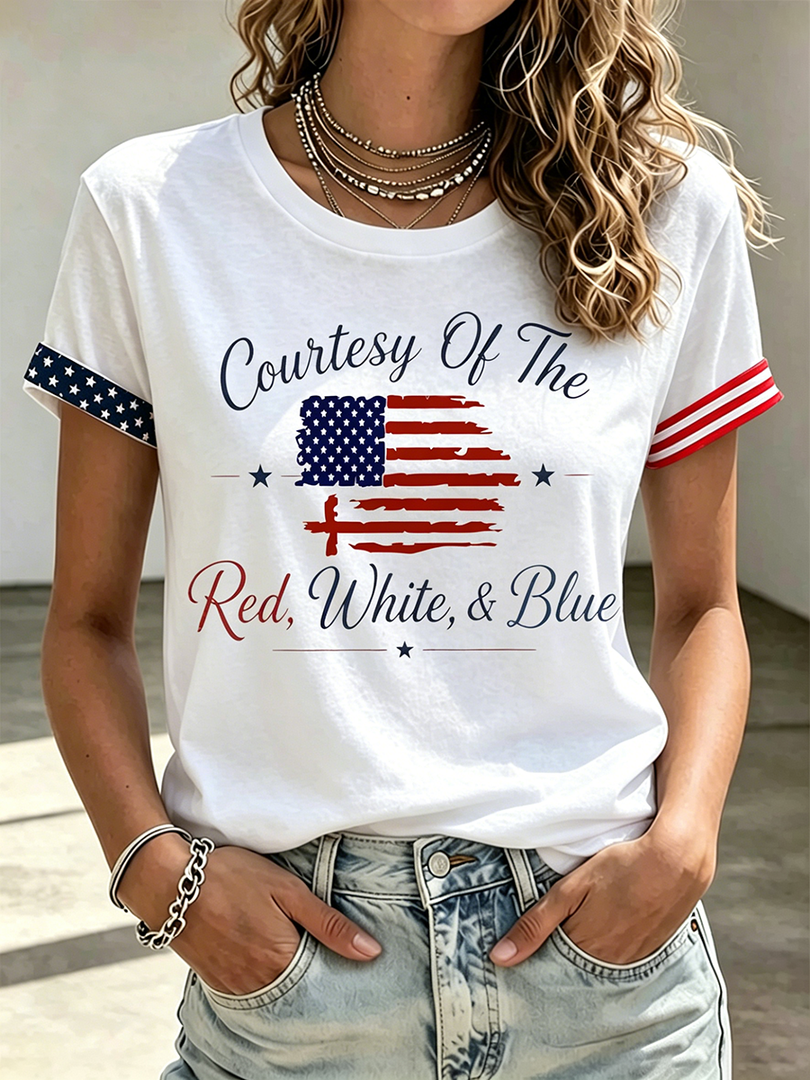 American Flag Faith Cross Commemorative Printed Casual T-Shirt