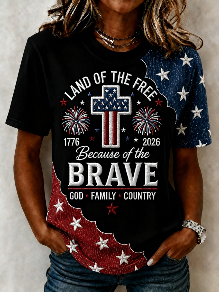 Land Of The Free Because Of The Brave God Family Country American Flag Cross Fireworks T-Shirt