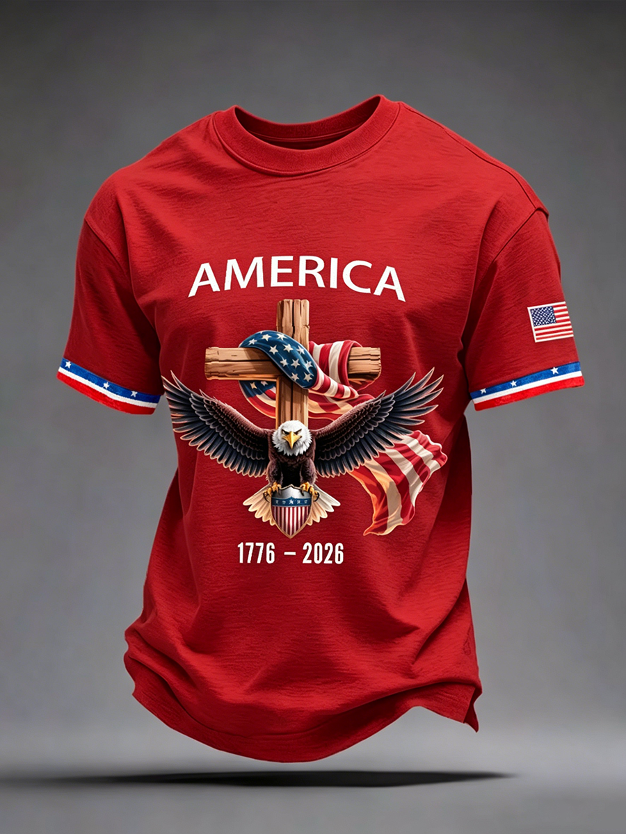 American Flag Commemorative Eagle Cross Printed Round Neck T-Shirt