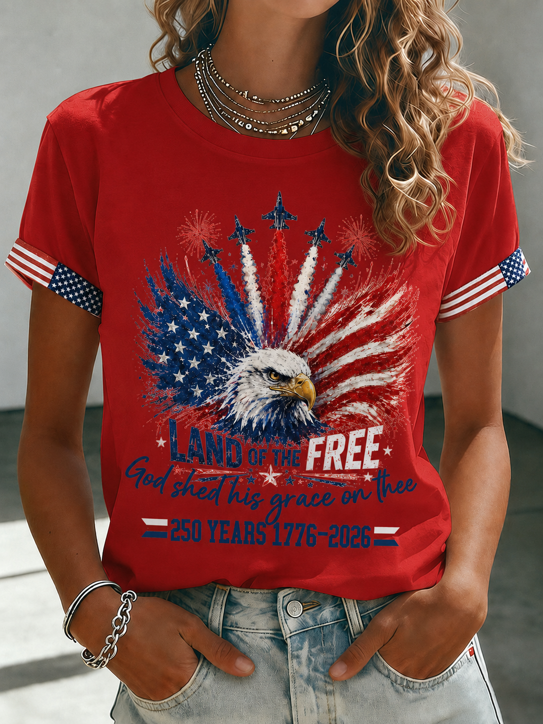 Women'S American Flag Art Printed Round Neck T-Shirt