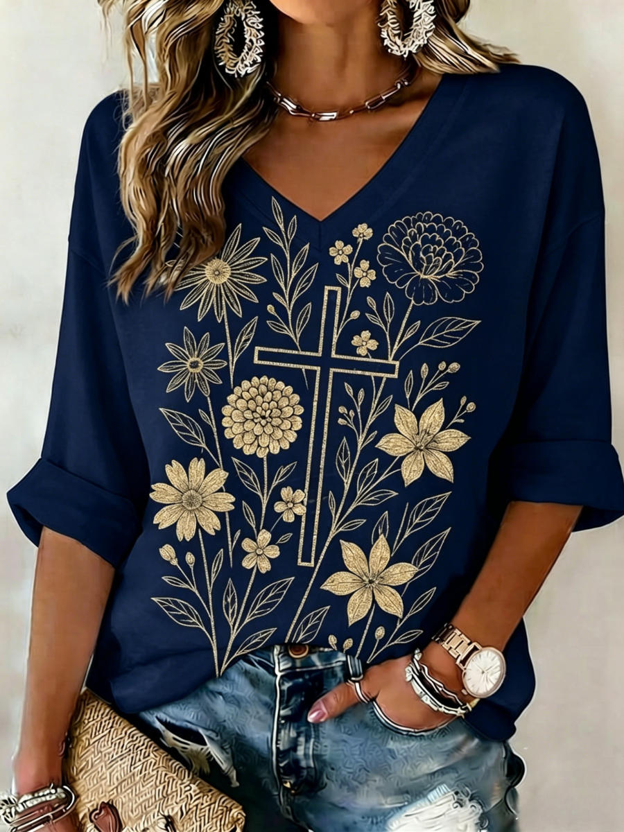Women's Faith Print V Neck Top