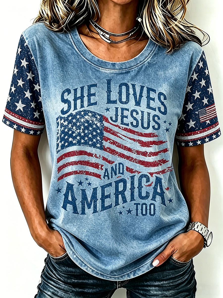 American Flag Jesus Faith Glitter Commemorative Print Round Neck T-Shirt