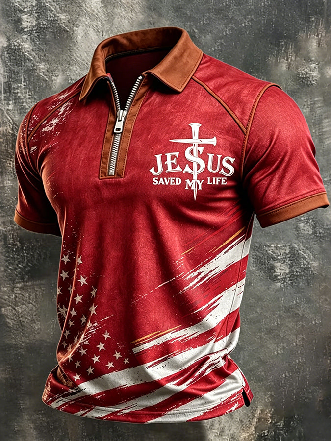 Men's Jesus Saved My Life USA Flag Christian Zip Polo Shirt