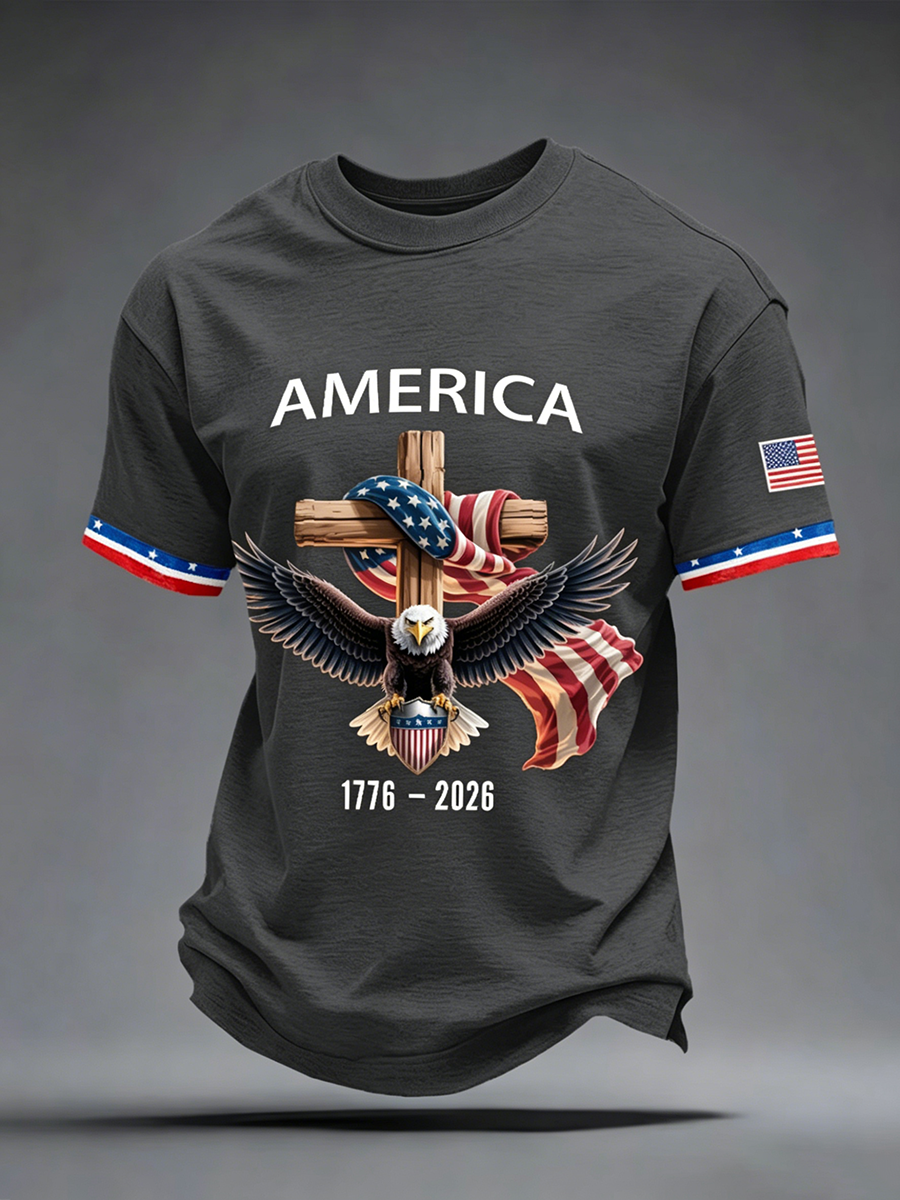 American Flag Commemorative Eagle Cross Printed Round Neck T-Shirt
