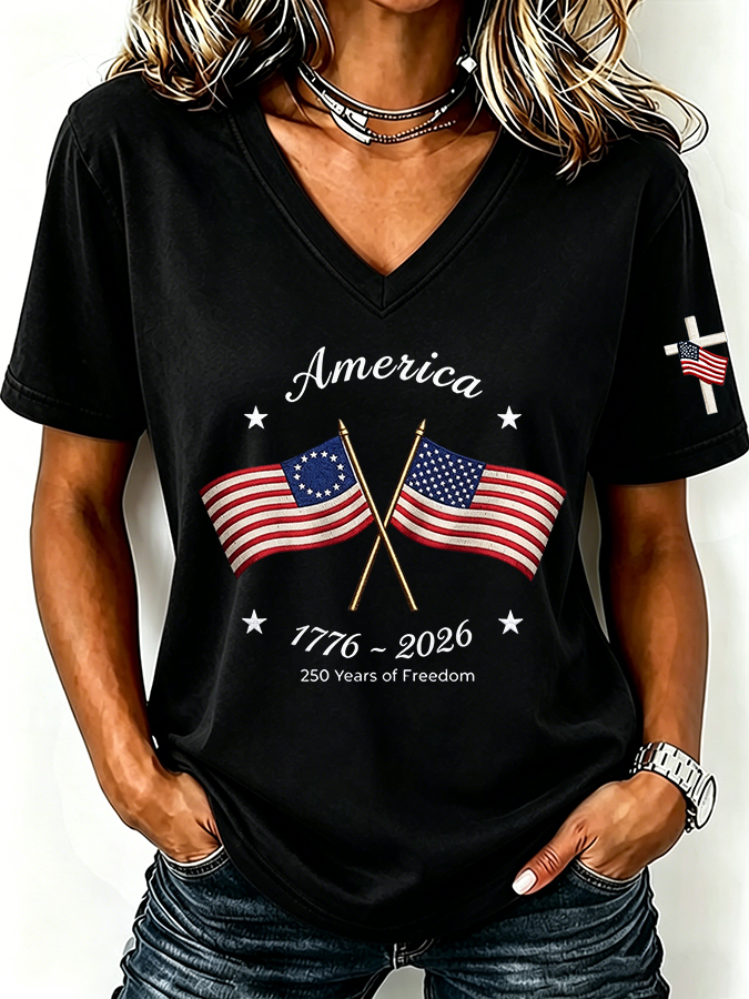 Women'S America Flag Print Printed T-Shirt