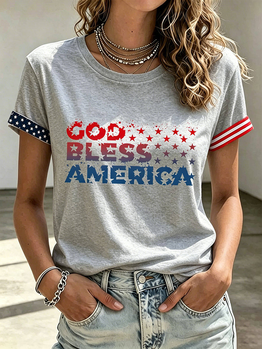 God Bless America Faith Commemorative Printed Casual T-Shirt