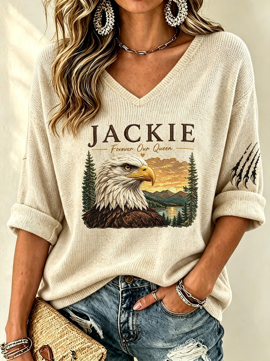 V-Neck Retro Forever Free Jackie Print T-Shirt