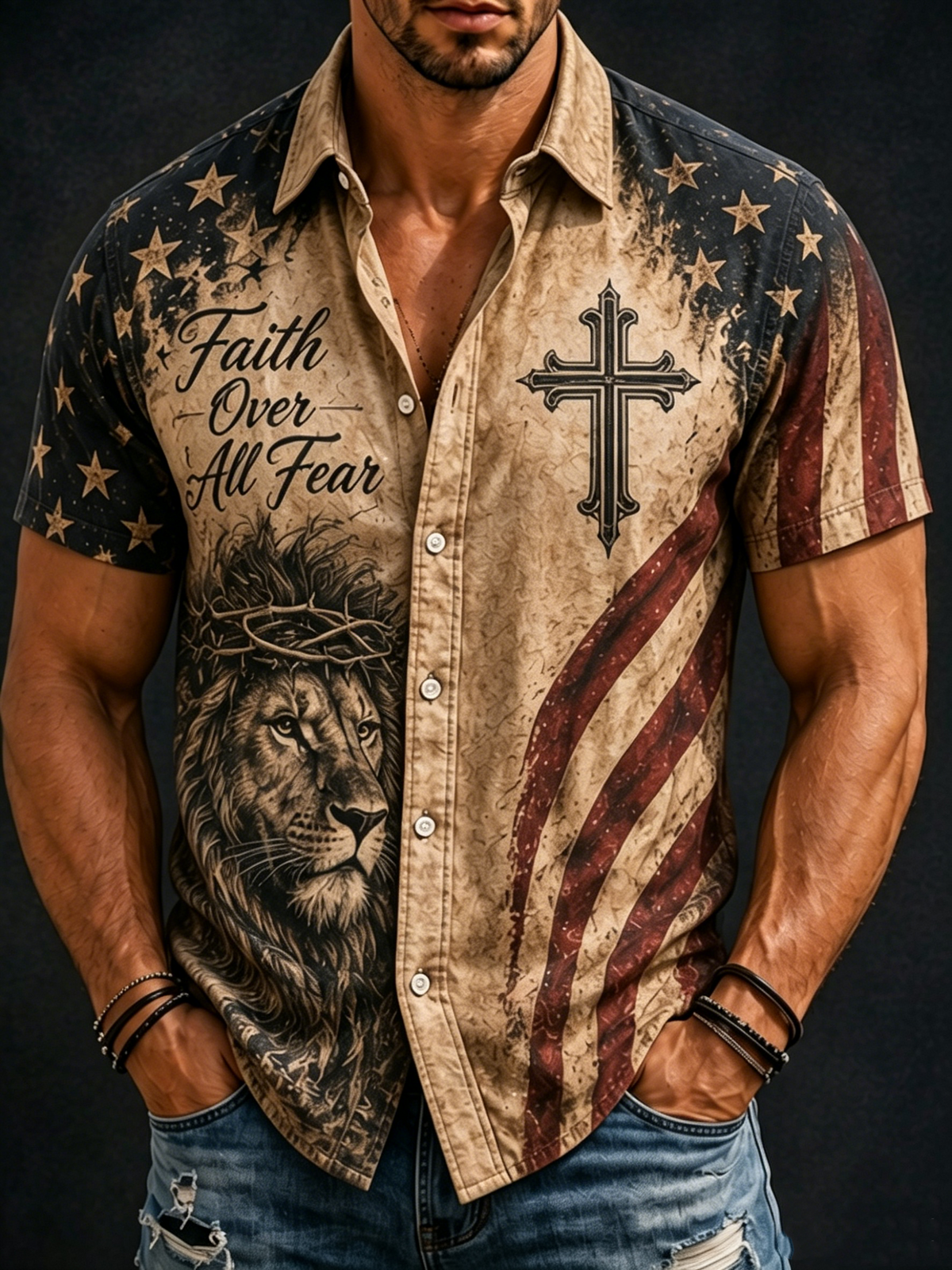 Men'S Cross Printed Casual Collar Shirt