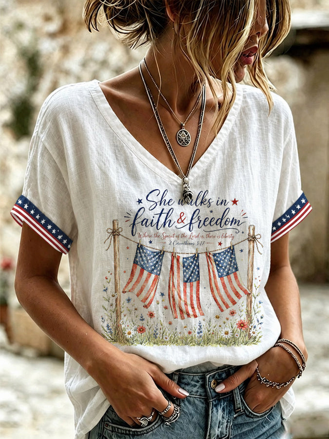 Women's Religious Beliefs Retro Floral Design Vacation V-neck Top