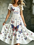Women's Butterfly Independence Day Flag Floral Print Round Neck Dress