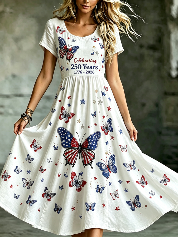 Women's Butterfly Independence Day Flag Floral Print Round Neck Dress
