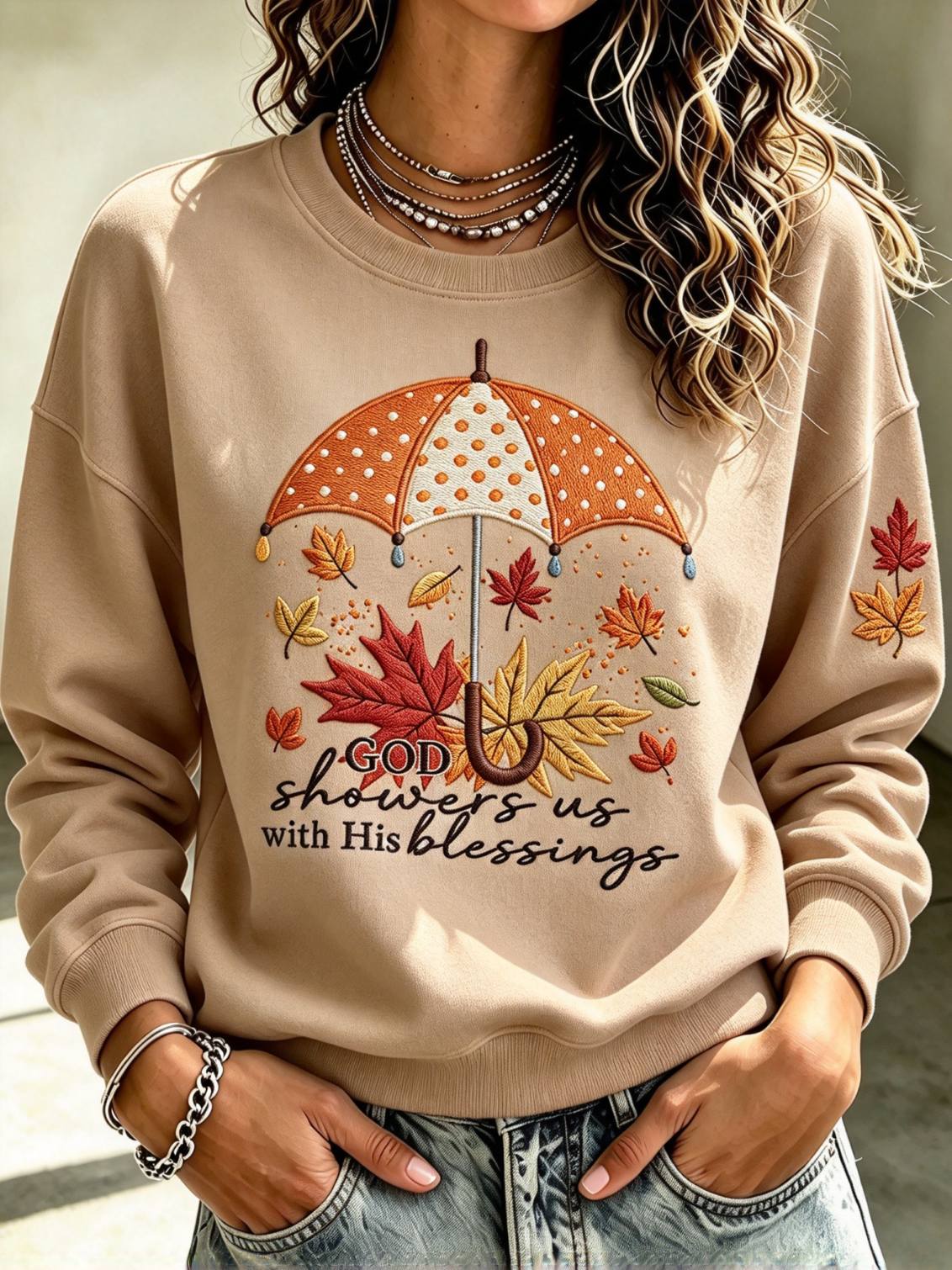 Women God Showers Us With His Blessings Maple Leaf Umbrella Sweatshirt