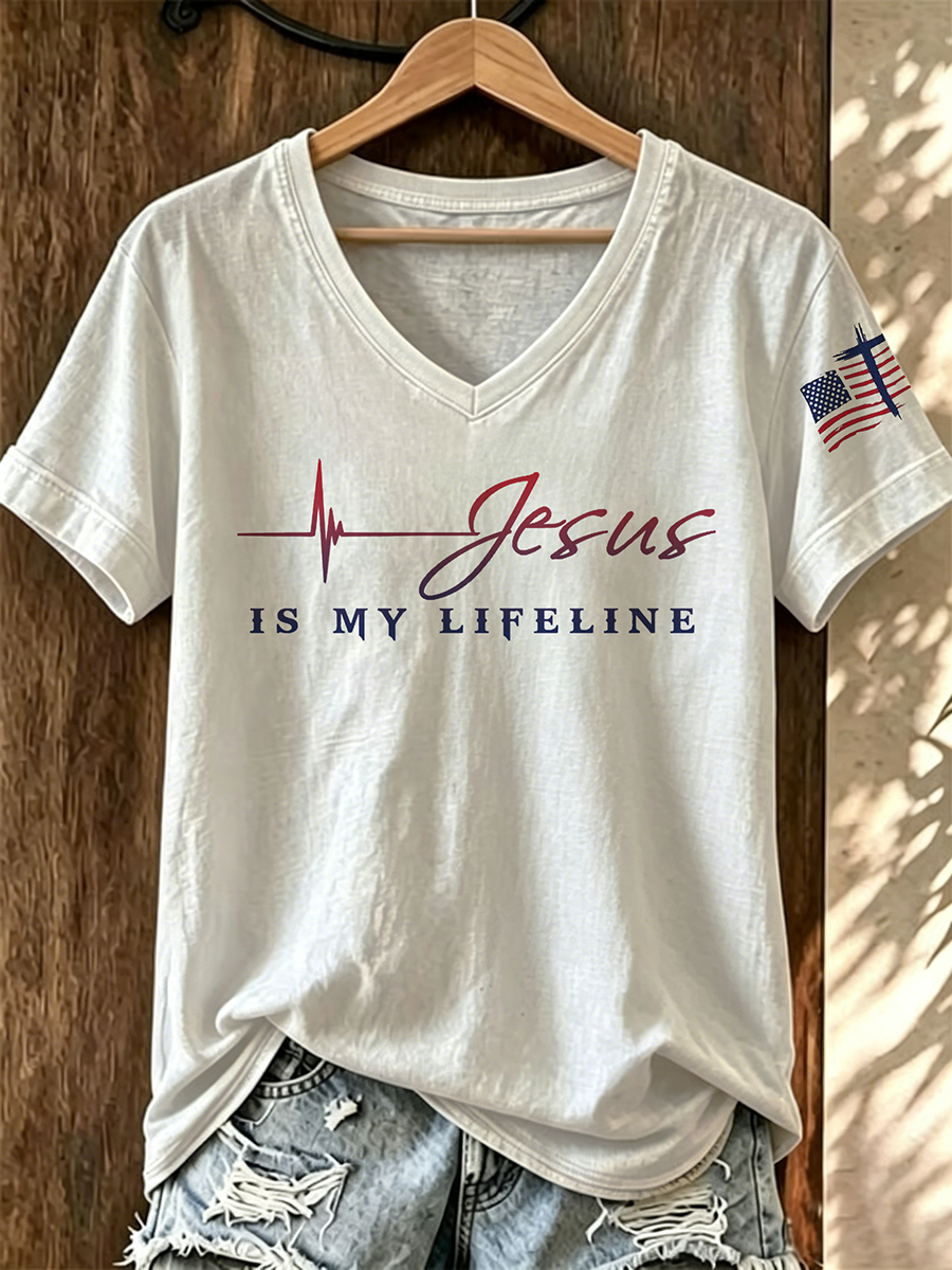 American Flag Faith Cross Commemorative Print V-neck Top
