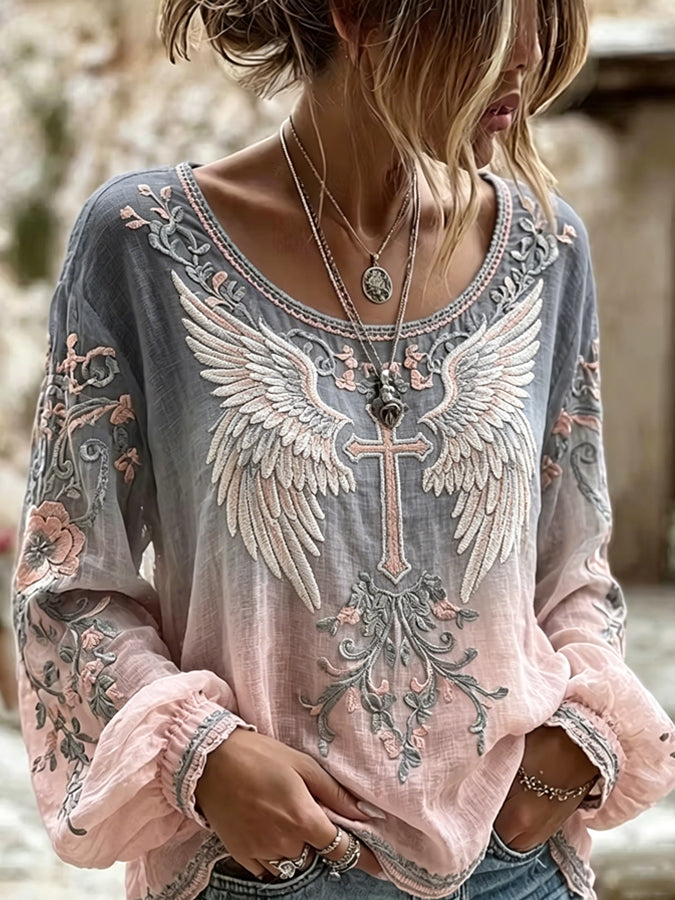 Women's Religious Floral Printed Casual Cotton and Linen Top