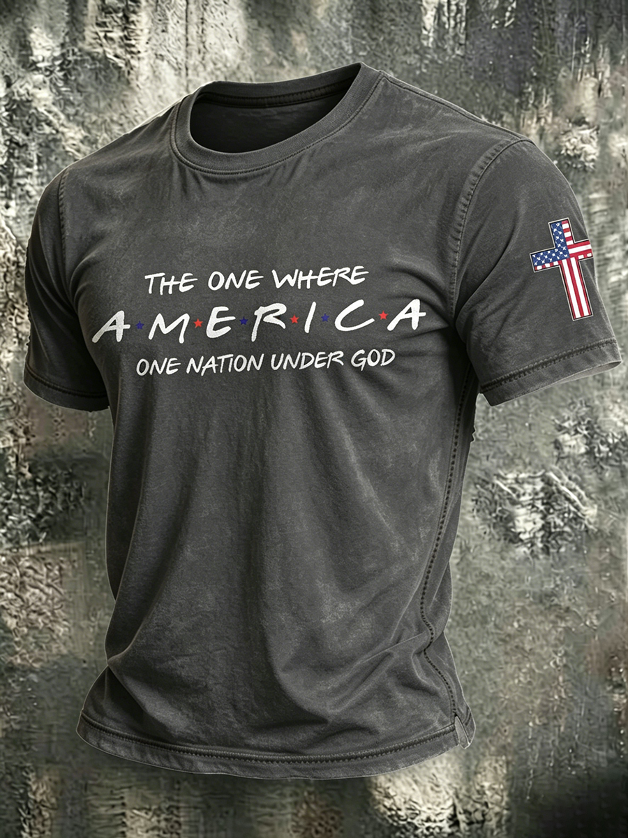 American Faith Cross Slogan Commemorative Print Round Neck T-Shirt