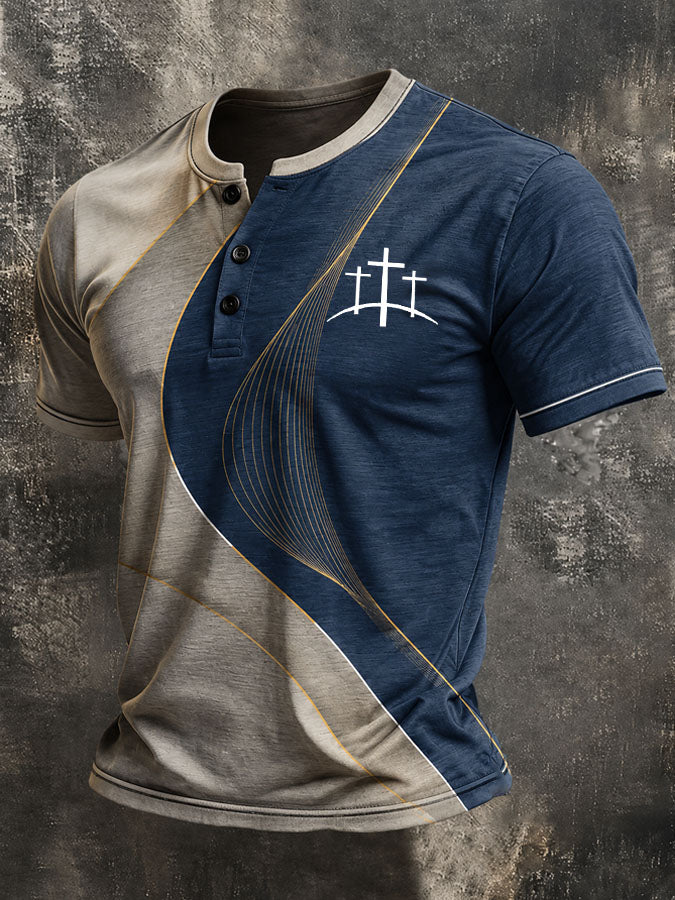 Men's Faith Cross Print Casual Henry Collar Top