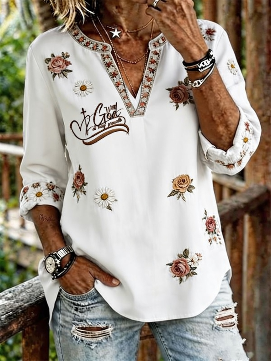 God Will Always Provide Floral Embroidery Notch V Neck Roll 3/4 Sleeve Women Blouse
