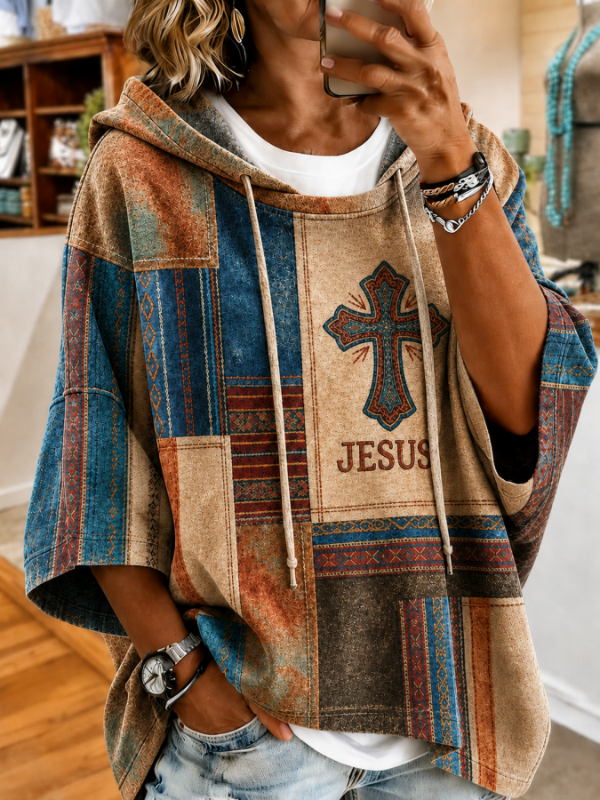 Women'S Retro Faith Cross Loose Top