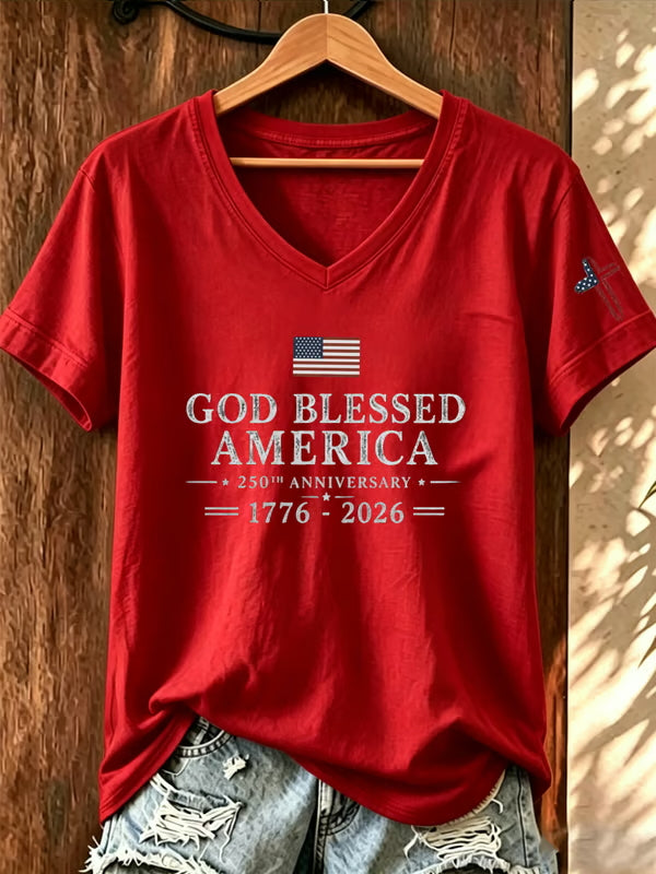 God Bless The United States Commemorative Print V-Neck T-Shirt