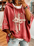 Women's Floral Ribbon Cross Fish Symbol Sleeve Embroidery Short Sleeve Hoodie