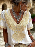 Boho Faith Cross Art Linen Blend V-Neck Short Sleeve Shirt