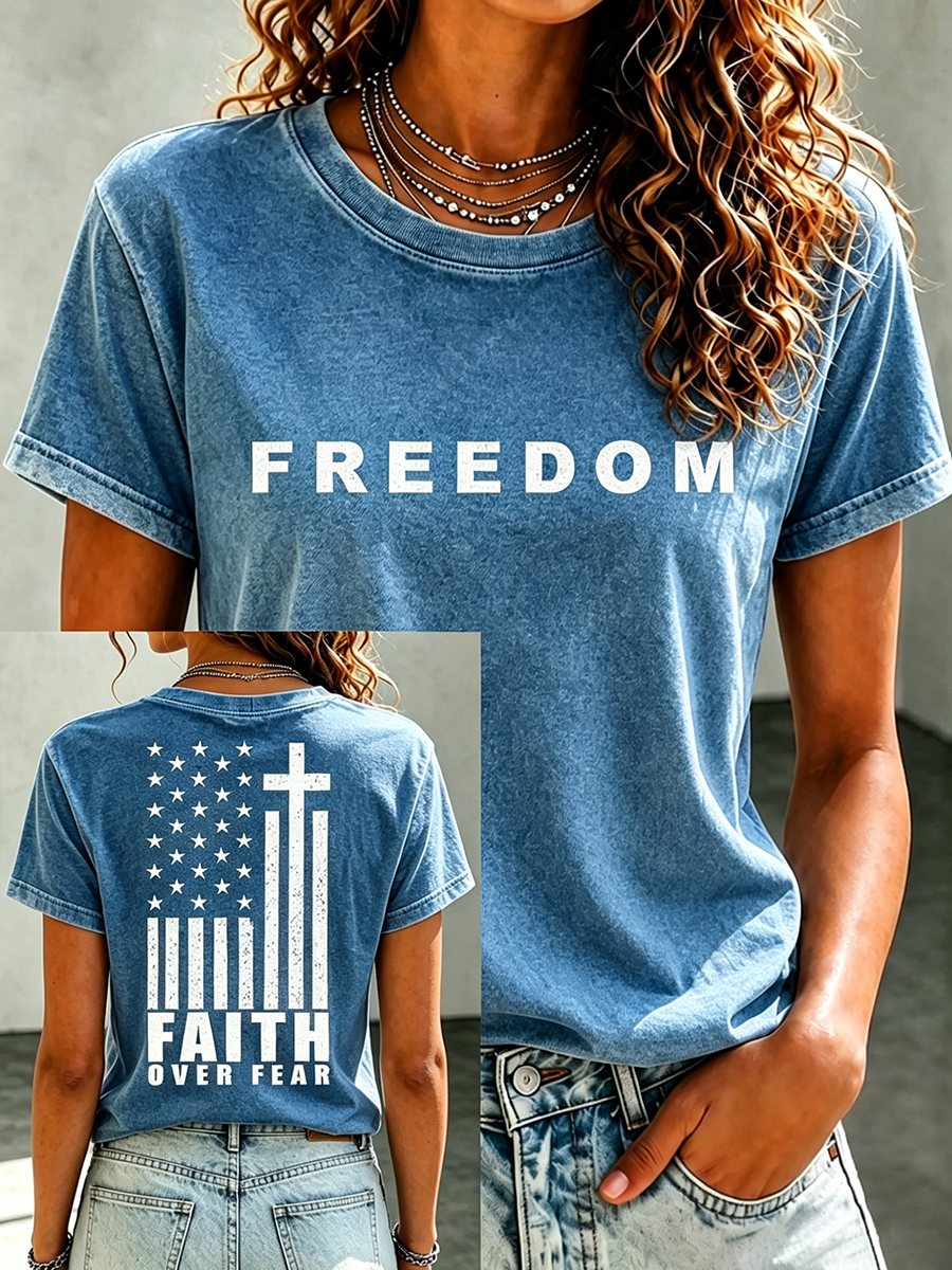 Freedom America Flag Faith Commemorative Printed Casual T-Shirt