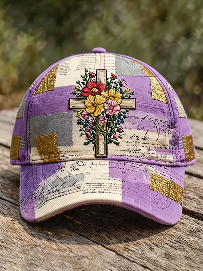 Cross Floral Embroidered Patchwork Christian Baseball Cap