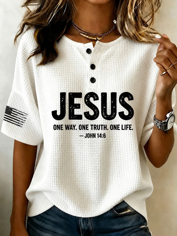 Women's I Could Be Meaner But Jesus Said No Cross Print Henley Collar Short Sleeve Waffle Knit T-Shirt