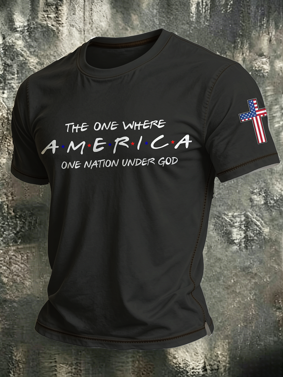 American Faith Cross Slogan Commemorative Print Round Neck T-Shirt