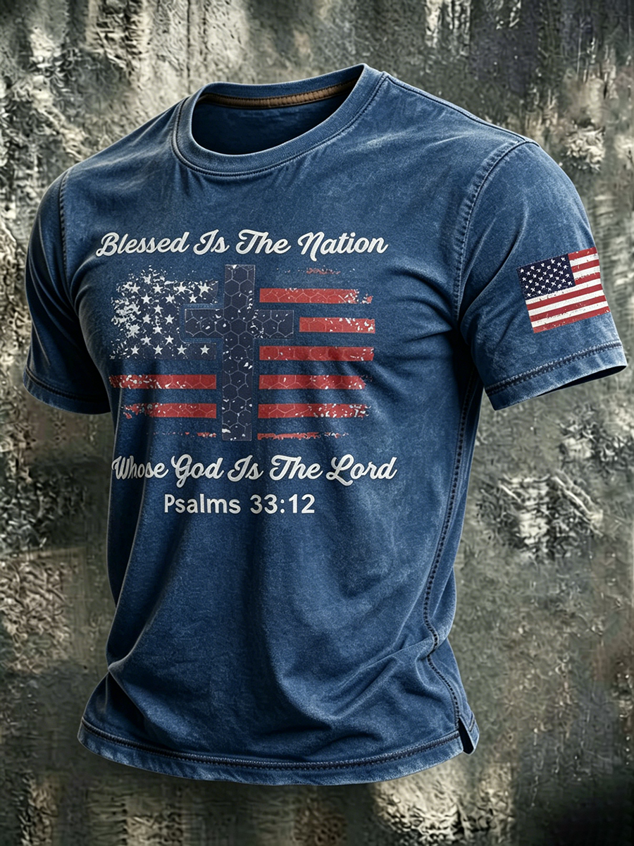 American Flag Faith Cross Slogan Commemorative Print Round Neck T-shirt
