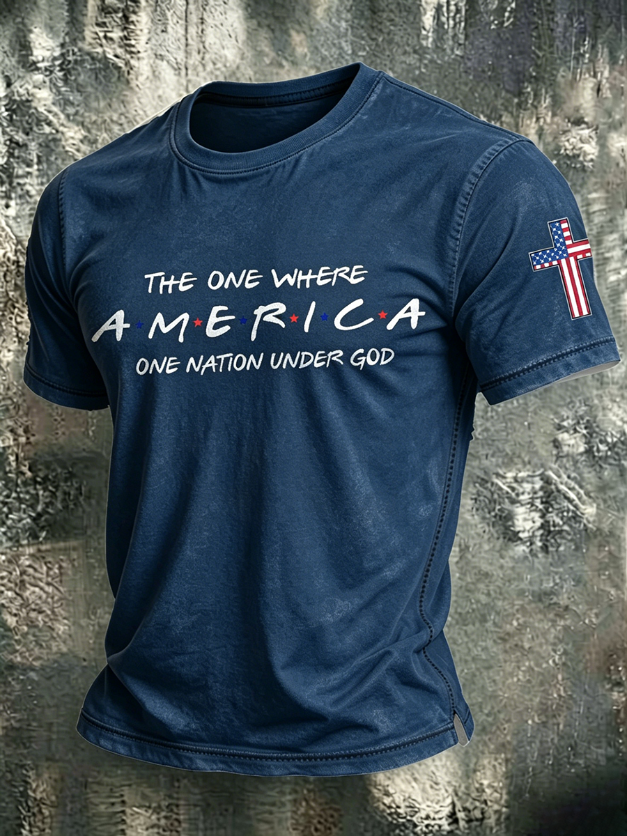 American Faith Cross Slogan Commemorative Print Round Neck T-Shirt