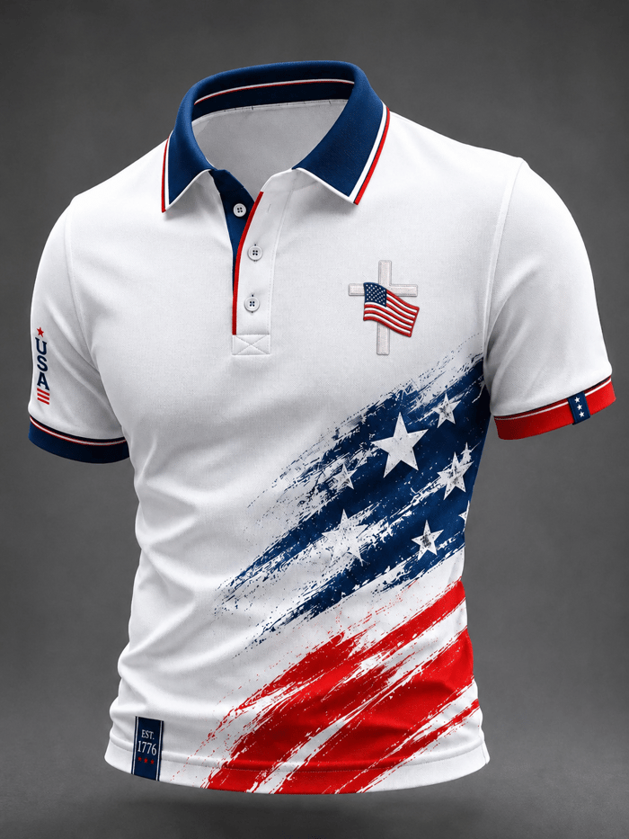 Men'S Patriotic Faith Cross Collar T-Shirt