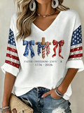 Women's Casual American Independence Day Rhinestone Flag Cross V-Neck Top